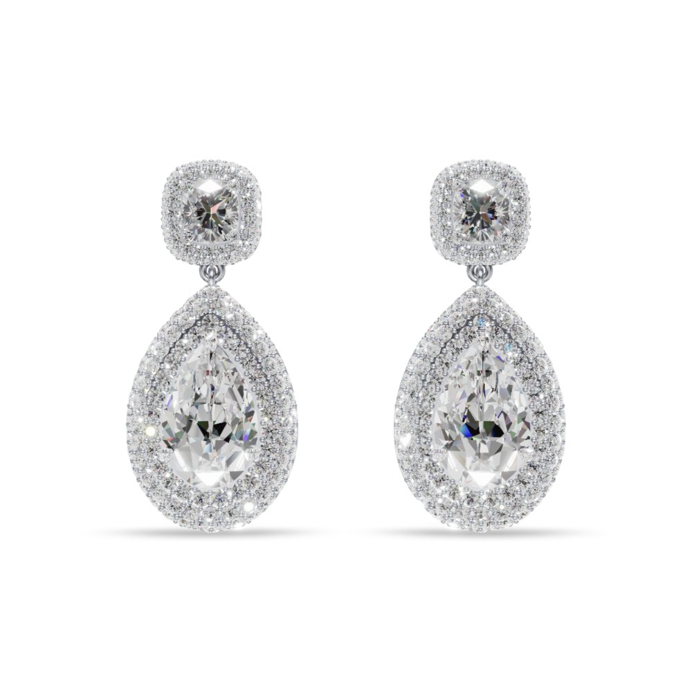 Fontaine, cushion and pear halo drop earrings